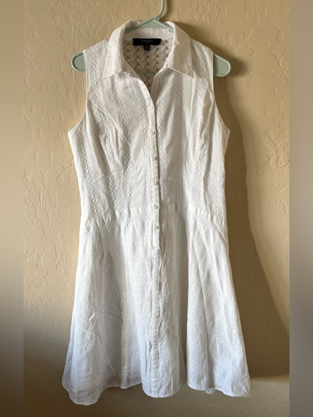 Nine West White Sleeveless Button-Front Eyelet Fit-and-Flare Dress